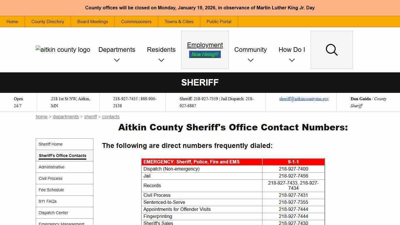 Sheriff Office Contacts | Aitkin County, MN