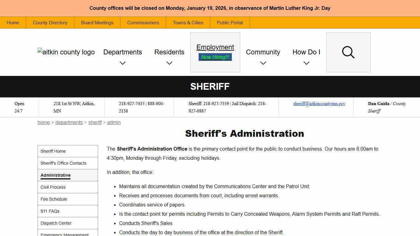 Sheriff's Administration | Aitkin County, MN